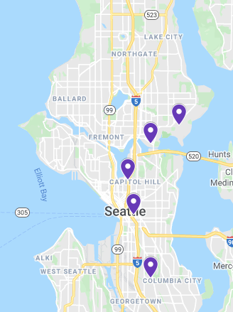 Map of Seattle with pins in the locations of the hospitals residents rotate through