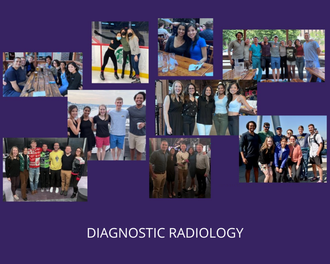 A collage of several photos of graduates engaging in social activities such as ice skating, eating out, and riding on a boat. The text reads: diagnostic radiology.