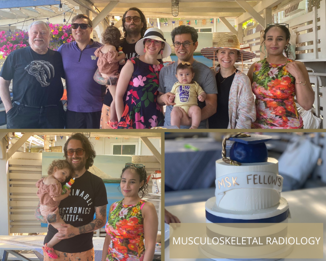 A collage of three photos of the musculoskeletal radiology graduates and team. In one photo, the group poses together for a shot; in another, a man holds a baby while standing next to a woman; the last photo showcases a cake with a graduation cap on it. Text reads: musculoskeletal radiology.