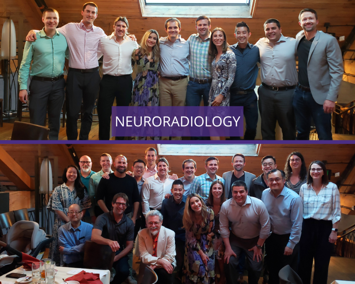 A collage of two photos including the neuroradiology graduates in both. The participants pose in a wood-paneled room with a dining table in front. Text reads: neuroradiology.