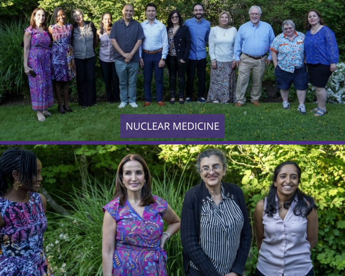A collage of two photos, both including the nuclear medicine graduates. Both photos include participants standing near one another in a natural setting in front of green trees. Text reads: nuclear medicine.