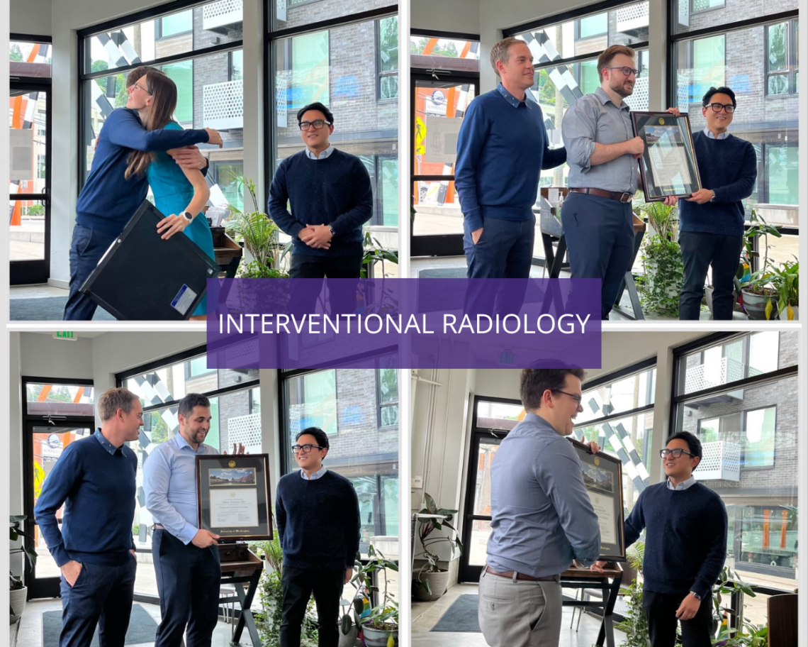 A collage of four photos showcasing interventional radiology graduates. In the photos, participants shake hands, hug, and display a diploma. The text reads: interventional radiology.