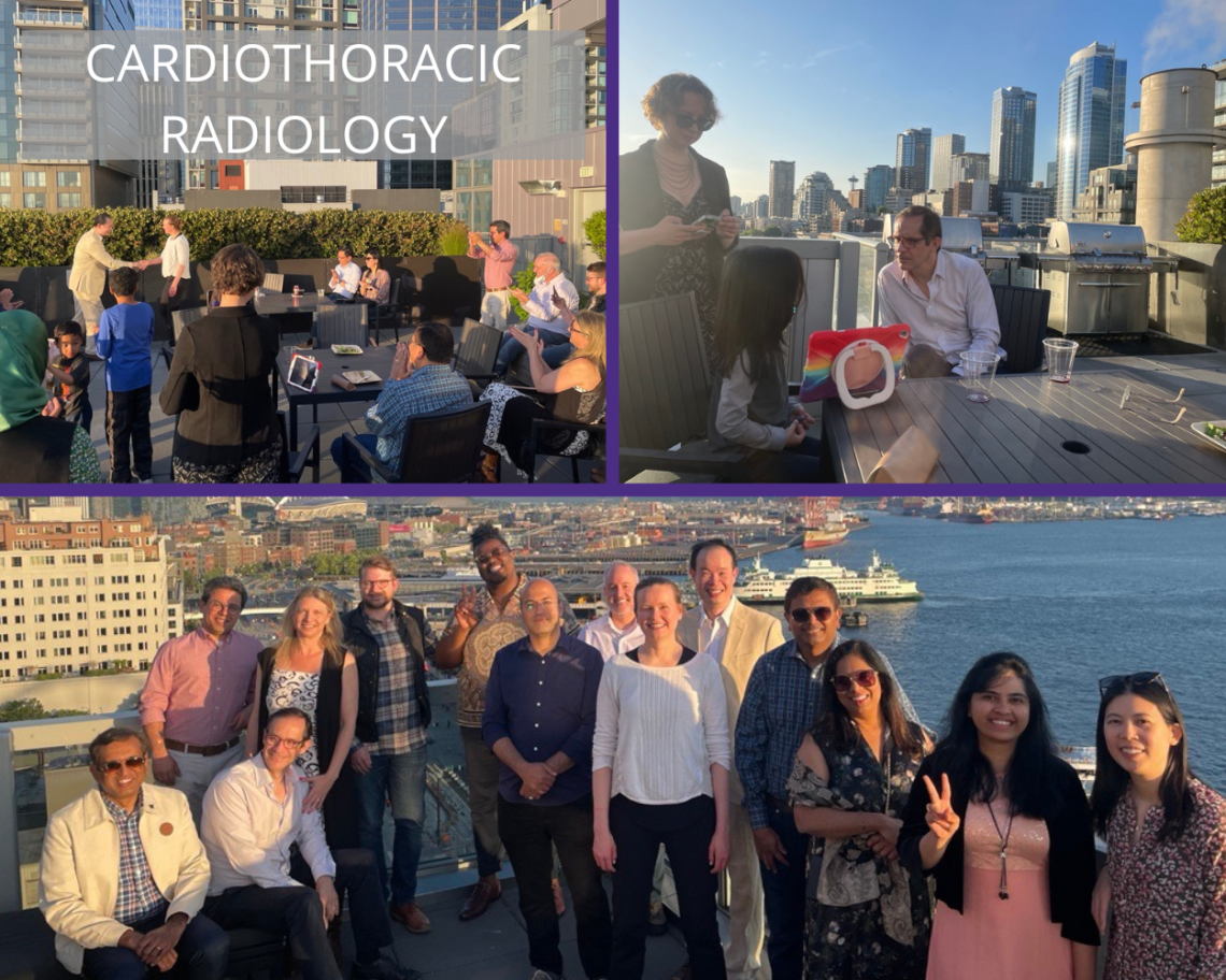 A collage of three photos. Participants gather in a group circle in one; in another, three participants chat, and in a third, the participants face the camera as a group, smiling. All photos appear to be taken on a rooftop in Seattle. Text reads: cardiothoracic radiology. 