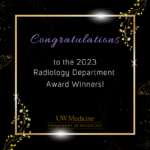 A black background with golden leaves and sparkles trailing up and down two corners. Text reads: Congratulations to the 2023 Radiology Department award winners.