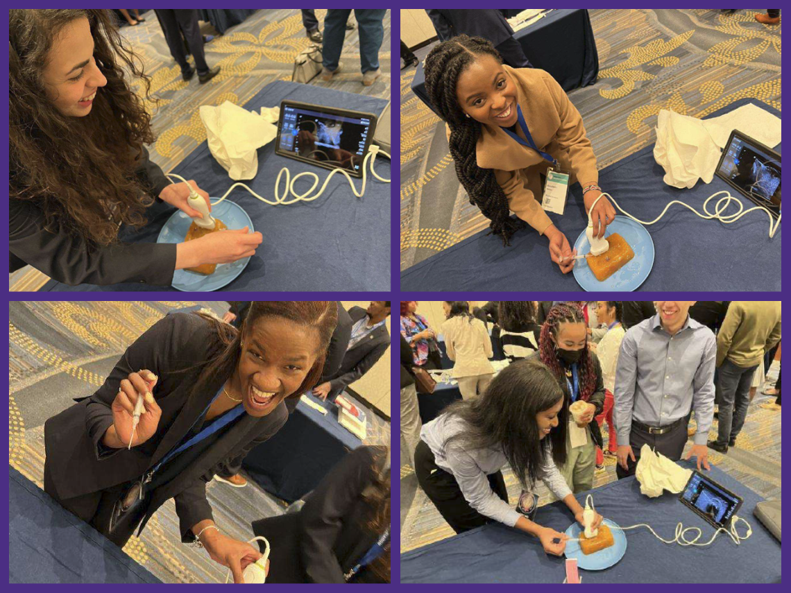 A collage of four pictures highlighting individuals participating at the AMEC conference. They smile and concentrate on a task set up on a purple table.