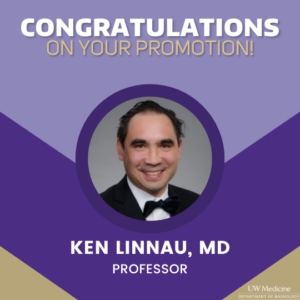 A photo of Ken Linnau set in a purple and gold background. The text reads: congratulations on your promotion and includes the UW Medicine logo.