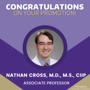 A photo of Nathan Cross set in a purple and gold background. The text reads: congratulations on your promotion and includes the UW Medicine logo.