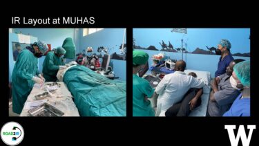 A slide that reads: IR layout at MUHAS. In one photo, doctors appear to perform a procedure on a patient. In another, a group of doctors appear to be observing something off camera; one doctor has their arm around a patient on a gurney. 