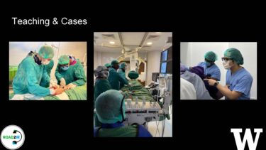 A slide that reads: teaching and cases. Three photos depict medical staff conducting procedures. In one they appear to be conducting an operation; in the next they view screens above a patient; in the third, they appear to be investigating a patient.