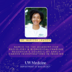 A purple and gold graphic with a photo of Dr. Marissa Lawson featured. The text reads: Dr. Marissa Lawson named to The Academy for Radiology & Biomedical Imaging Research’s Council of Early Career Investigators in imaging.