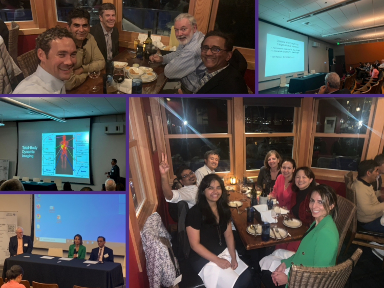A collage of photos depicting Symposium participants presenting materials, sitting on a panel, and enjoying meals out.