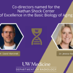 A purple and gold graphic with photos of Dr. David Marcinek and Dr. Jessica Young. The text reads: Co-directors named for the Nathan Shock Center.
