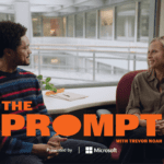 A screenshot of Trevor Noah and Dr. Savannah Partridge sitting in an office space. The text reads: The Prompt with Trevor Noah presented by Microsoft.