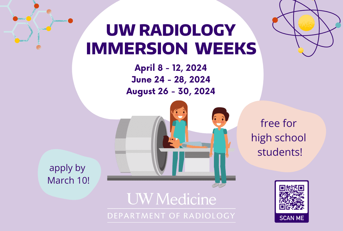 A purple graphic featuring images of cartoon radiologists near an MRI. The text indicates the deadline for UW Radiology Immersion Weeks.