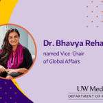 A purple, yellow and gold graphic with text that reads: Dr. Bhavya Rehani named Vice-Chair of Global Affairs. It includes a photo of Dr. Bhavya Rehani. Dr. Rehani wears a black outfit with a bright pink scarf. She has long, dark hair, a big smile, and she holds her hands in a relaxed position in front a pastel-blue window frame.