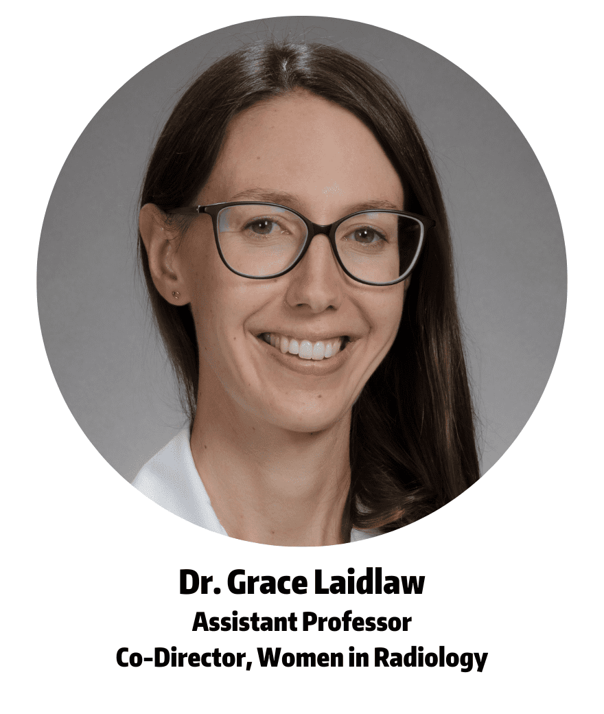 Dr. Grace Laidlaw wears a white lab coat and glasses while smiling at the camera. Laidlaw is an assistant professor and co-director of Women in Radiology.