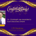 A purple and gold graphic that incorporates a headshot of Dr. Christoph Lee. The text reads: Congratulations! Dr. Christoph Lee awarded a Kuni Discovery Grant.