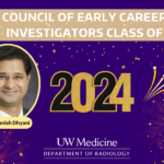 A starred purple and gold graphic with text that reads: Dr. Manish Dhyani and Council of Early Career Investigators class of 2024. A headshot of Dr. Dhyani portrays a smiling man with dark hair and a soft smile.