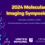 A purple, yellow and aqua graphic with hexagonal designs on the side. The text reads: 2024 Molecular Imaging Symposium with additional details about the event.