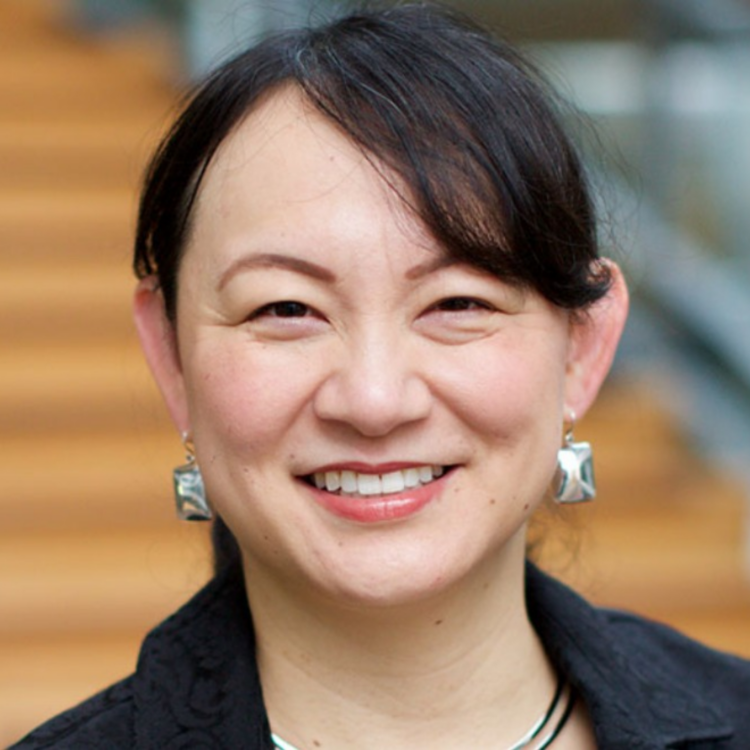 A headshot of Dr. Delphine Chen. Dr. Chen has black hair and bright smile. She wears striking silver earrings and black blazer.