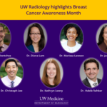 A collage of photos including doctors Christoph Lee, Janie Lee, Katy Lowry, Habib Rahbar, Brian Dontchos, Diana Lam, Marissa Lawson. The slide reads: UW Radiology highlights Breast Cancer Awareness Month.