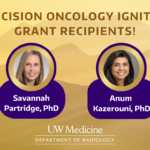 Headshot of Dr. Partridge and Dr. Kazeroni are surrounded by a gold and purple mountain graphic. The text reads: Precision Oncology Ignition Grant Recipients.