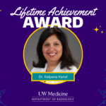 A purple, gold and green graphic of leaves and stars that includes a headshot of Dr. Kalpana Kanal. The text reads: lifetime achievement award.