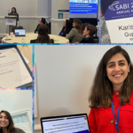 A collage of four photos depicting Dr. Karisma Gupta attending the SABI conference. In the photos, she poses with a man; her award is spotlighted; she poses next to a laptop; she speaks at the conference; her conference lanyard is highlighted.