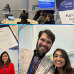 A collage of five photos depicting Dr. Karisma Gupta attending the SABI conference. In the photos, she poses with a man; her award is spotlighted; her colleague Dr. Negar Firoozeh poses next to a laptop; Dr. Gupta speaks at the conference; her conference lanyard is highlighted.