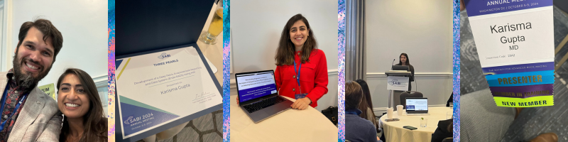 A collage of four photos depicting Dr. Karisma Gupta attending the SABI conference. In the photos, she poses with a man; her award is spotlighted; she poses next to a laptop; she speaks at the conference; her conference lanyard is highlighted.