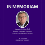 A purple and grey graphic with a headshot of Kenneth Krohn and two bouquets of purple flowers. The text reads: In memoriam, Kenneth A. Krohn, PhD, Emeritus Professor of Radiology, Chemistry and Radiation Oncology.