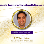 A gold and purple graphic featuring a headshot of Dr. Arash Mahdavi. The text reads: Research featured on AuntMinnie.com.