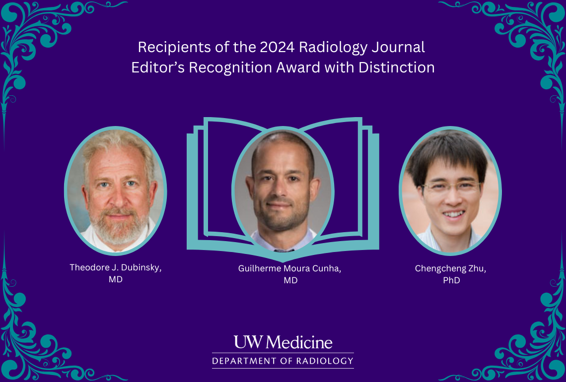 A purple and turquoise graphic of a book with text that reads: Recipients of the 2024 Radiology Journal Editor’s Recognition Award with Distinction and Theodore J. Dubinsky, MD, Guilherme Moura Cunha, MD, Chengcheng Zhu, PhD, underneath corresponding headshots.