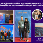 On a purple background, a compilation of photographs from Dr. Zhonghao Cui & resident Anisha Banda presented at the cardiovascular and interventional Radiological society of Europe in 2024. The top caption reads "Dr. Zhonghao Cui & Resident Anisha Banda presented at the Cardiovascular and Interventional Radiological Society of Europe." at the bottom right displays the UW Medicine Department of radiology logo.