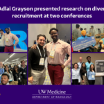 Caption reads "Dr. Adlai Grayson presented research on diversity recruitment at two conferences" with 5 different images of Dr. Adlai Grayson presented. All these images lay on top of a purple background with the UW Medicine Department of Radiology Logo underneath