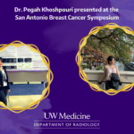 A purple and gold graphic featuring two photos of Dr. Pegah Khoshpouri. The text reads: Dr. Pegah Khoshpouri presented at the San Antonio Breast Cancer Symposium.