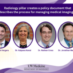 A purple and gold graphic with text that reads: Radiology pillar creates a policy document that describes the process for managing medical imaging AI. Also featured are headshots for doctors Vergara, Kanal, Cross and Medverd.