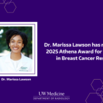 A purple and white graphic featuring a headshot of Dr. Marissa Lawson. The text reads: Dr. Marissa Lawson has received the 2025 Athena Award for Excellence in Breast Cancer Research!