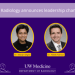 A purple and gold graphic featuring headshots of Dr. Manjiri Dighe and Dr. Habib Rahbar. The text reads: UW Radiology announces leadership changes.