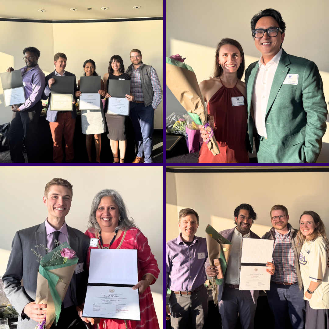 A collage of photos of attendees of the 2025 Radiology graduation celebration outlined in purple.
