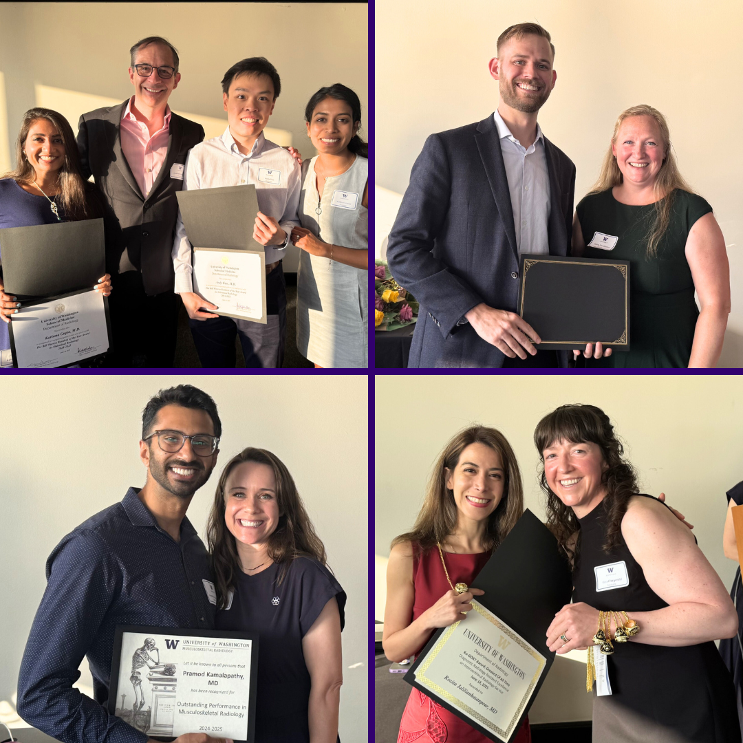 A collage of photos of attendees of the 2025 Radiology graduation celebration outlined in purple.