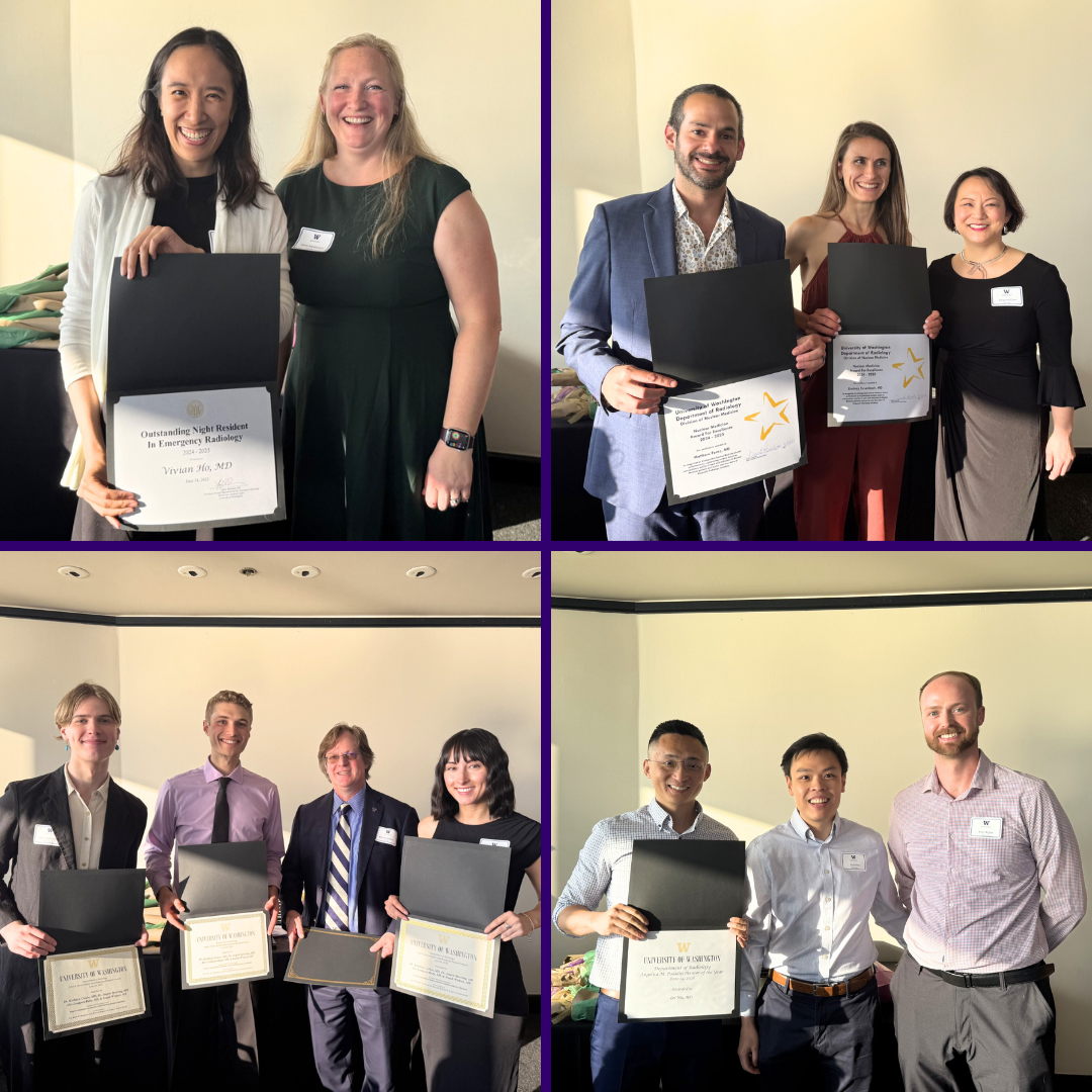 A collage of photos of attendees of the 2025 Radiology graduation celebration outlined in purple.
