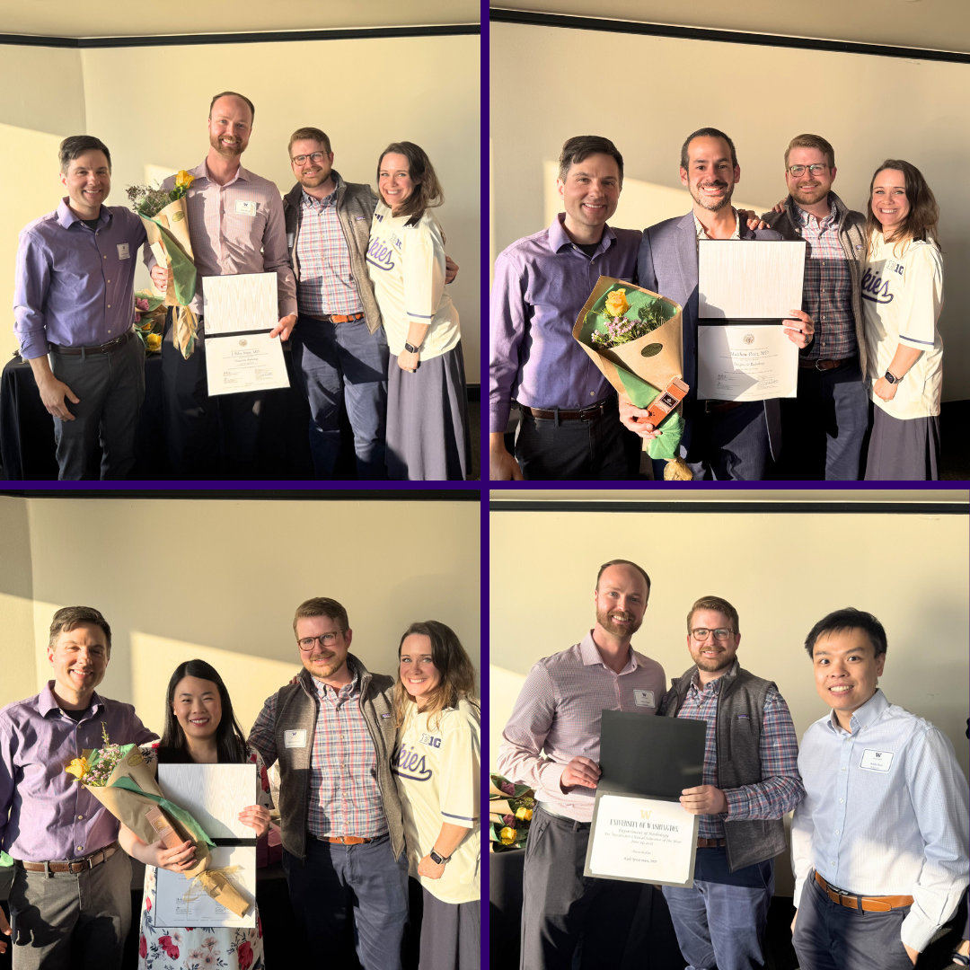 A collage of photos of attendees of the 2025 Radiology graduation celebration outlined in purple.
