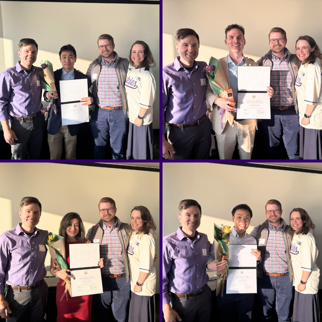 A collage of photos of attendees of the 2025 Radiology graduation celebration outlined in purple.
