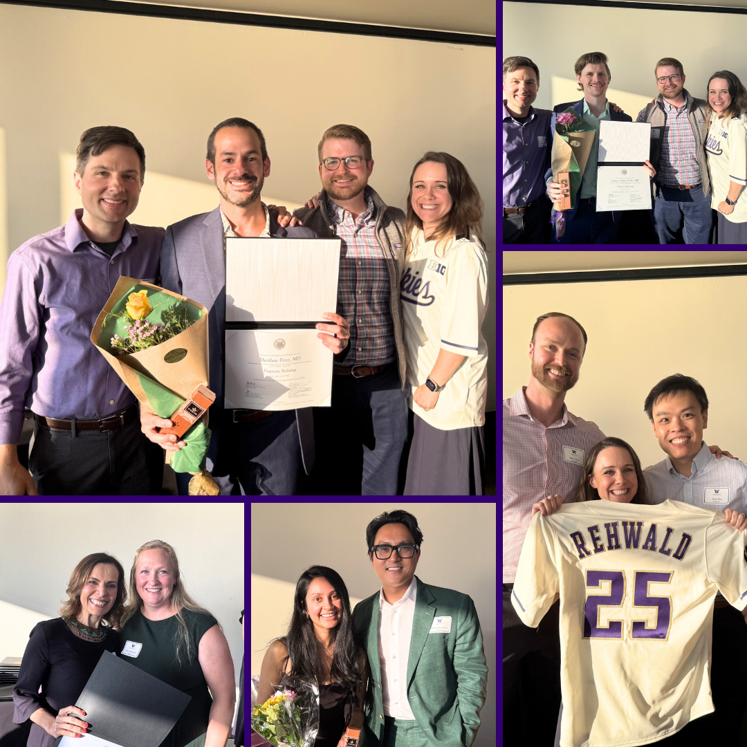 A collage of photos of attendees of the 2025 Radiology graduation celebration outlined in purple.