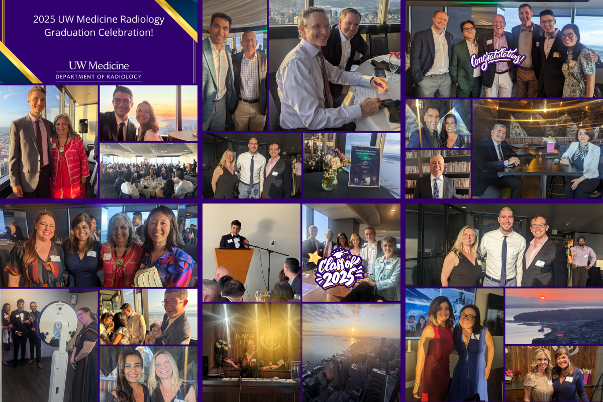 A collage of about two dozen photos of individuals attended the graduation celebration. The text reads: 2025 UW Medicine Radiology graduation celebration as well as congratulations and class of 2025.