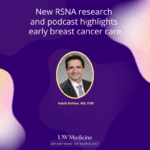 A purple and yellow graphic featuring a headshot of Dr. Habib Rahbar. The text reads: New RSNA research and podcast highlights early breast cancer care.